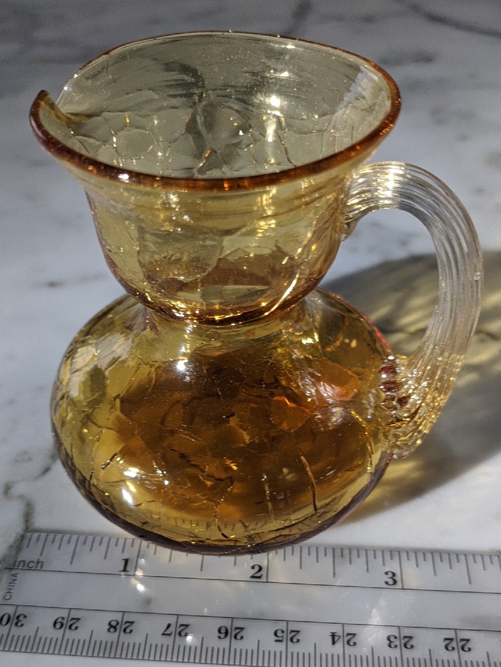 Vintage Amber Crackle Mini Glass Pitcher with Clear Handle